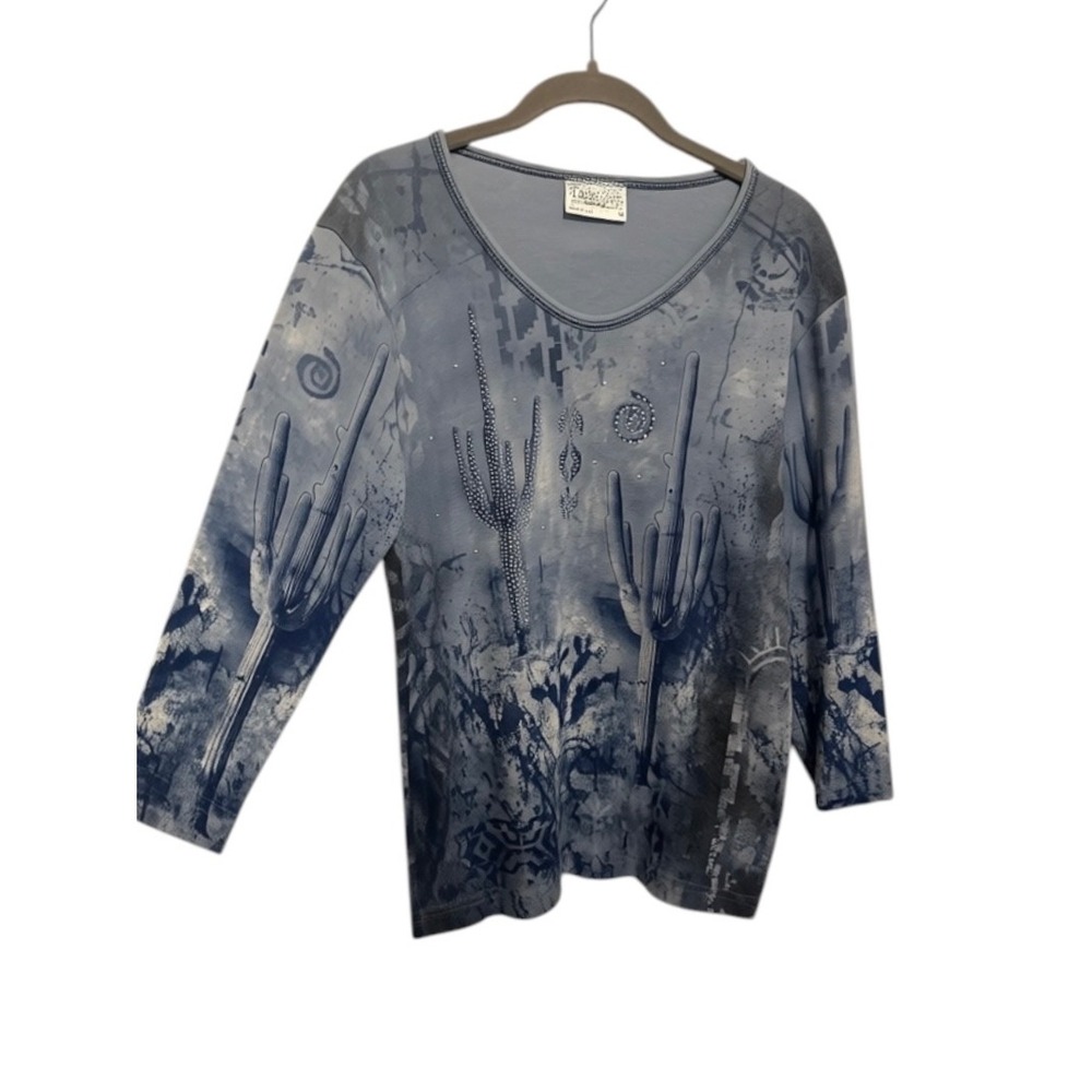 Cactus Bay Apparel Top Women's Medium Blue Southwest Desert Rhinestone USA - Picture 10 of 10